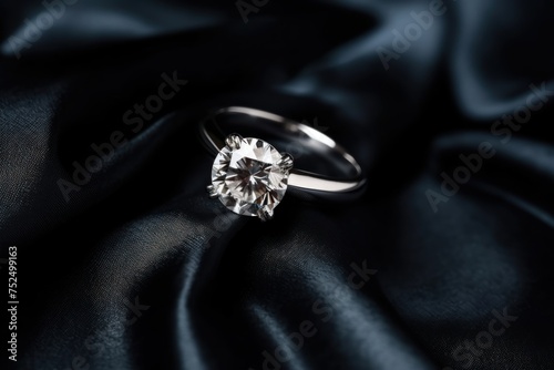 Wedding ring on black satin background with copy space. Perfect for jewelry store advertisements or engagement-related content with Copy Space.