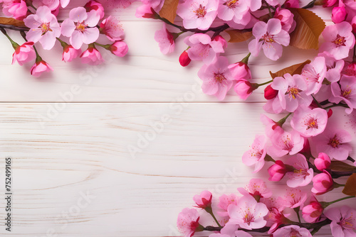 Banner with cherry flowers on light wood background. Greeting card template for wedding, Mother's or Women's day. Springtime composition with copy space. Flat lay, top view