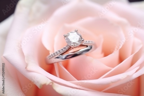 Wedding ring on a pink rose. Close-up. Perfect for jewelry store advertisements or engagement-related content with Copy Space.