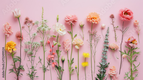 Assorted delicate flowers arranged in a gradient on a soft pink background, ideal for spring-themed designs and invitations. © Miodrag