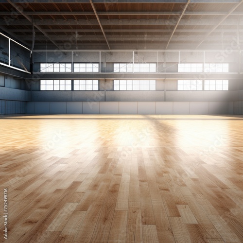 Sport indoor arena with volleyball ball on the wooden floor as widescreen background