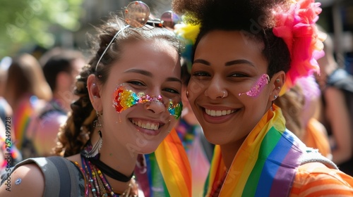 Two joyful women with colorful makeup and attire at a Pride parade  celebrating LGBTQ  diversity and unity.