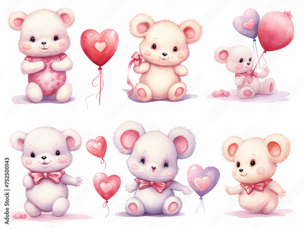 Set of teddy bears and balloon, party, Gifts, cute baby teddy bear. Draw vector illustration collection funny bear with pink heart for valentine's day. Watercolor style