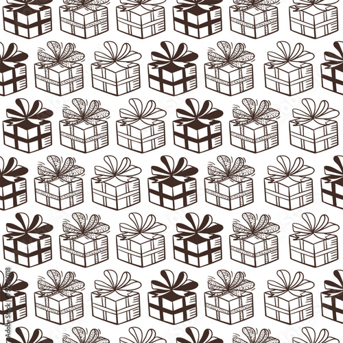 Hand drawn birthday background with  gift box, Seamless pattern in doodle style.