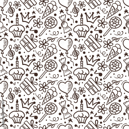 Hand drawn birthday background with gift in a box, sweets and ice cream .  Seamless pattern in doodle style.