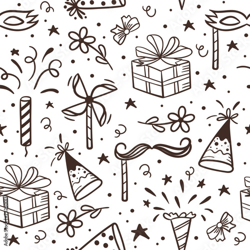 Hand drawn birthday background with gift box,  wind toy, firecracker, paper cap and mustache. Seamless pattern in doodle style. 