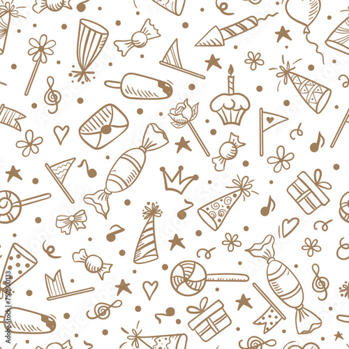 Hand drawn birthday background with cupcake with candle, paper cap, flag and ice cream .  Seamless pattern in doodle style.