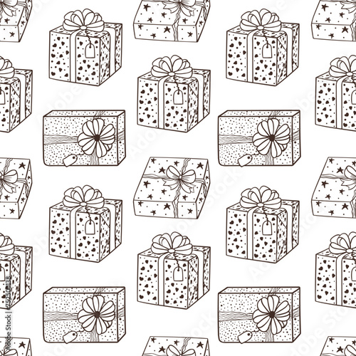 Hand drawn birthday background with gift box. Seamless pattern in doodle style.