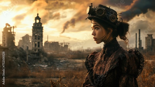 A woman in a steampunk hat and dress looks out over a desolate landscape of smokestacks and ruins. photo