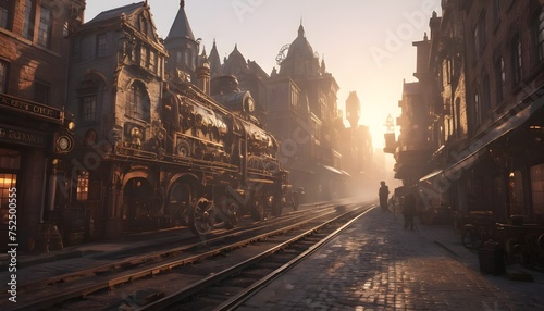 An Intricate Steampunk Cityscape At Sunrise With Brass Gears And Steam Rising From Cobblestone Streets All Rendered In Stunning (4)