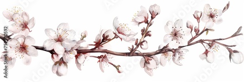 Watercolor illustration of a branch of a blossoming cherry Sakura on a white background, spring flowers photo