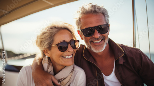 Smiling caucasian middle age couple enjoying leisure sailboat ride in summer