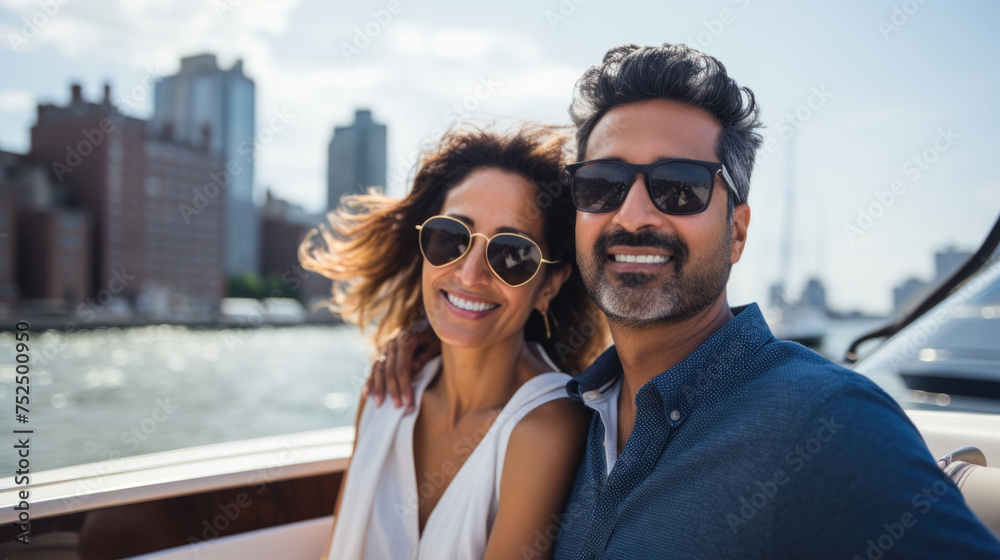 Smiling young mixed race couple enjoying sailboat ride on sunny summer day