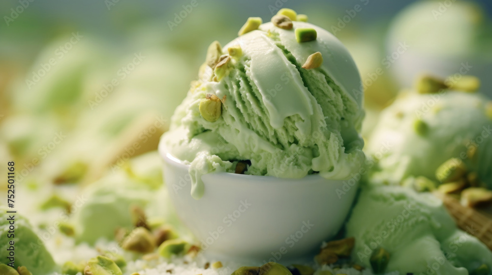 Green pistachio ice cream with nuts ingredients, dessert food background Green pistachio ice cream with nuts ingredients, dessert food background
