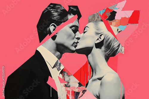 Lovers passion kiss in vintage paper montage collage