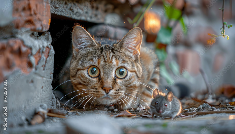 A cat hunts a cute mouse near a mink. Friendship between cat and mouse.