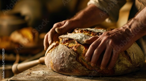 A baker is holding a loaf of rustic bread on a wooden table.