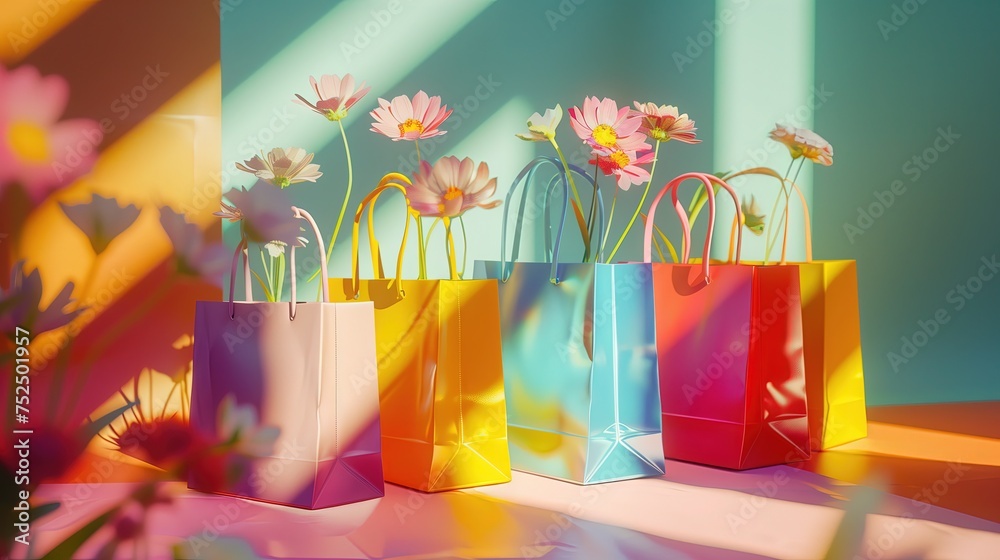Grupa kolorowych toreb z kwiatami - obrazy, fototapety, plakaty 