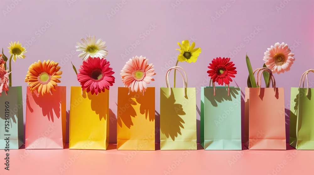 Rząd kolorowych torb zakupowych z kwiatami - obrazy, fototapety, plakaty 