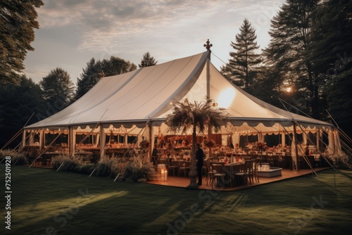Wedding tent for celebrating a wedding in the summer outdoors, a festive indoor tent decorated with flowers in the evening light