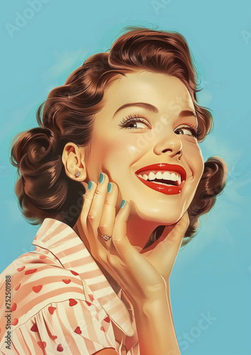 Retro 1950's pin up style postcard of smiling woman portrait with dark hair and striped shirt on blue background
