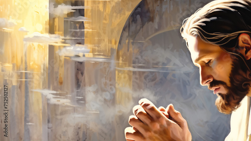 Painting of Jesus Praying with copyspace, 16:9 aspect ratio