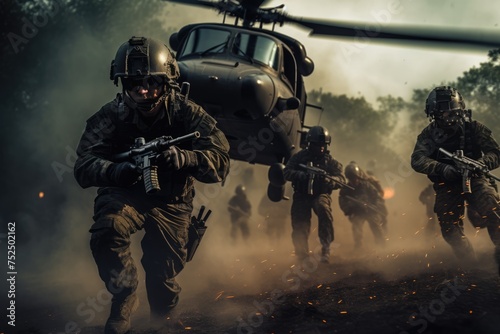 A helicopter kicks up sand as special forces soldiers disembark, projecting a powerful image of military precision and readiness for action. photo