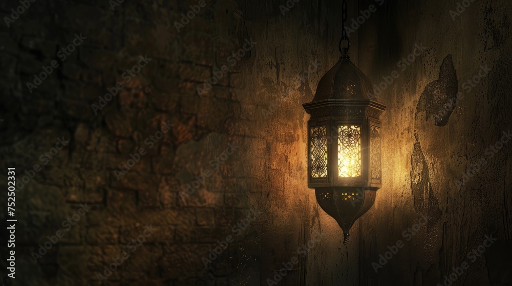 traditional Islamic lantern illuminating a darkened room.