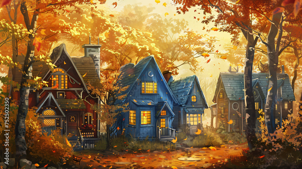 Image greeting card with autumn houses and trees