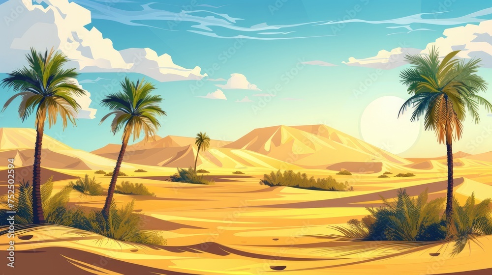 illustration capturing the peaceful essence of a desert landscape, featuring sandy dunes and palm trees. - obrazy, fototapety, plakaty 