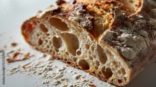 A close-up of a loaf of rustic bread with flour sprinkled on a white surface.