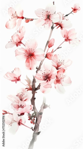 Watercolor illustration of a branch of a blossoming cherry Sakura on a white background  spring flowers