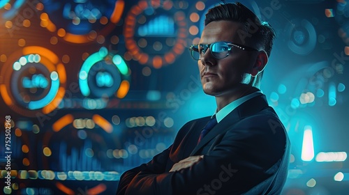 Mężczyzna w garniturze i okularach przeciwsłonecznych w futurystycznym otoczeniu wskaźników biznesowych