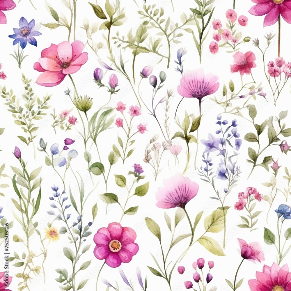 Seamless watercolor floral pattern of bright wildflowers on white background, illustration for textiles, wallpapers and all prints, botanical tiles, composition Generative AI