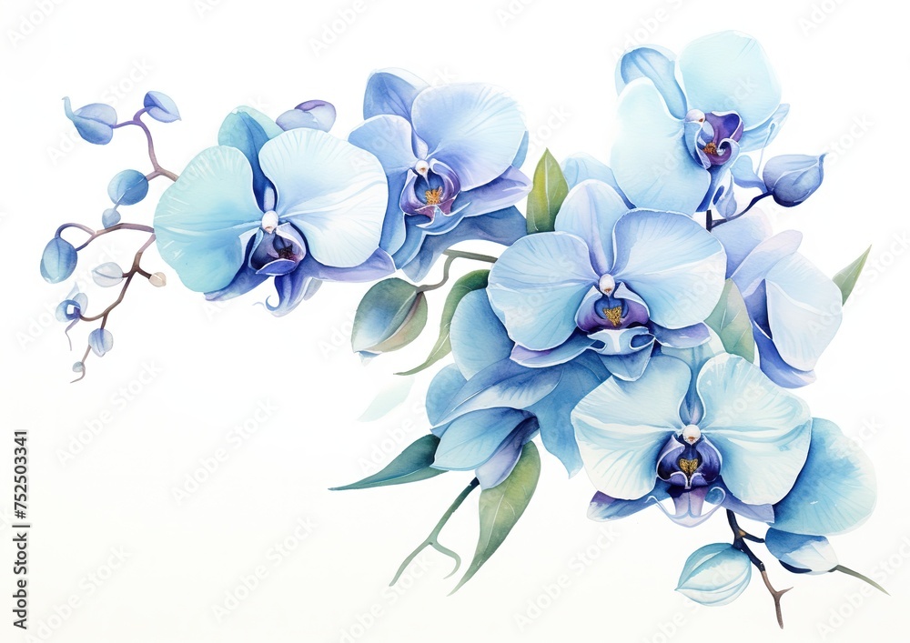 Watercolor illustration of blue phalaenopsis orchid flower on white background, for cards, wedding invitations, prints and posters, painting, wallpaper Generative AI - obrazy, fototapety, plakaty 