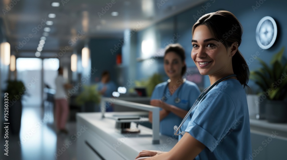 The nurse smiles while standing at the reception desk. The nurse smiles while standing at the reception desk.