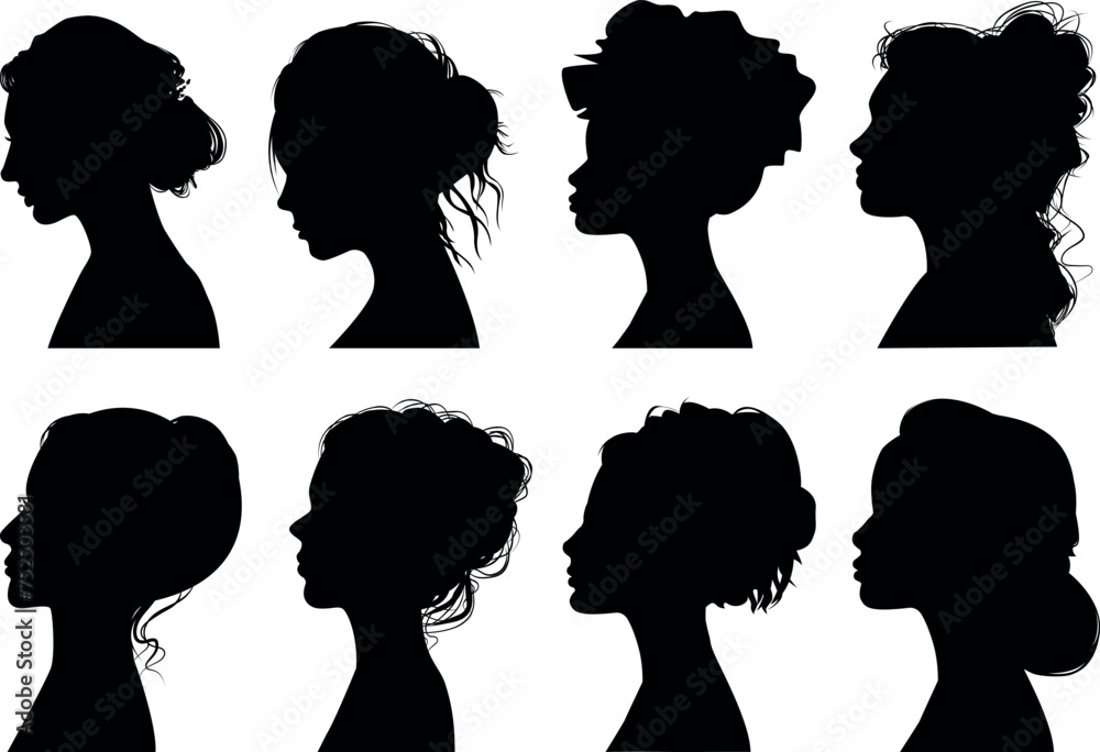 Set silhouettes of women. Female emotions. A beautiful woman. Icon or avatar. Banner or your advertisement. Universal sign on isolated background.