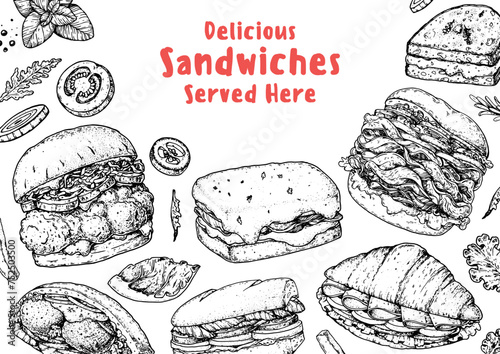 Delicious sandwich frame. Menu design template. Sandwich sketches. Unique recipe. Hand drawn vector illustration.