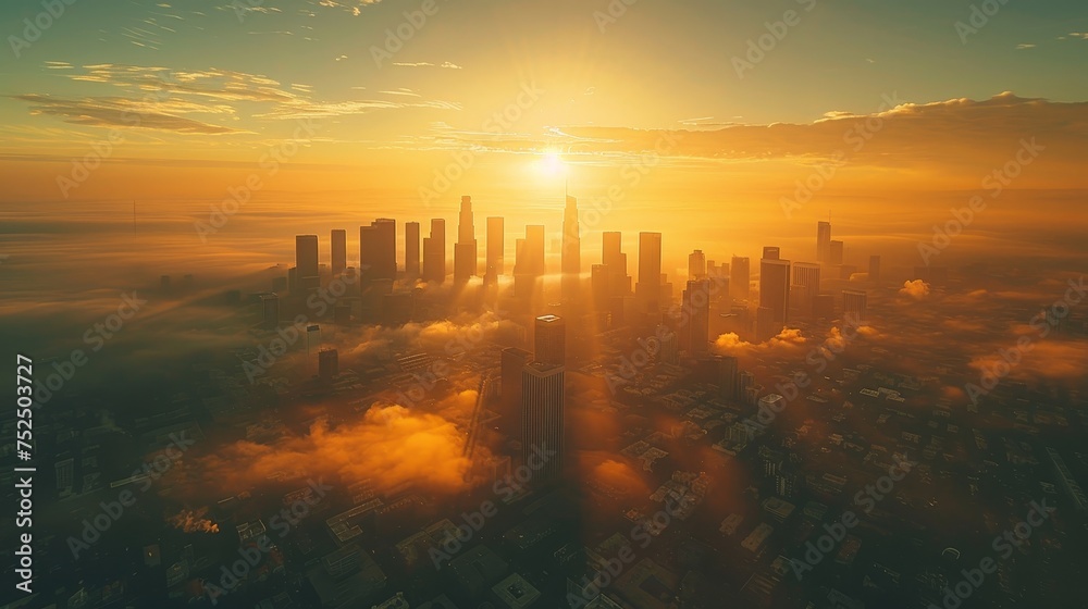 A birds-eye view of a sprawling metropolis at dawn A birds-eye view of a sprawling metropolis at dawn
