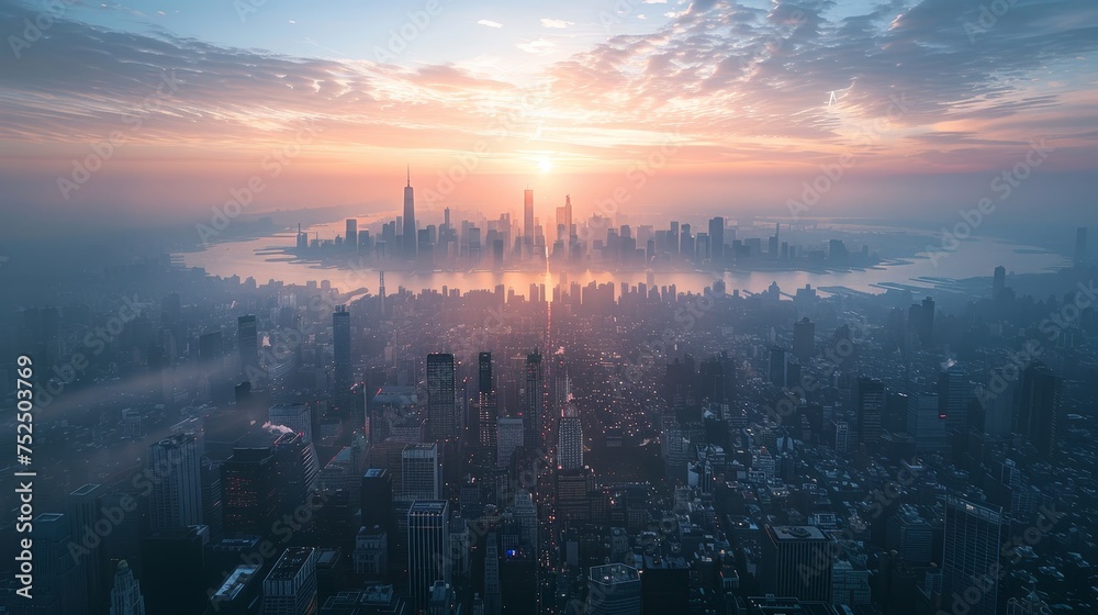 A birds-eye view of a sprawling metropolis at dawn