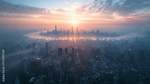 A birds-eye view of a sprawling metropolis at dawn