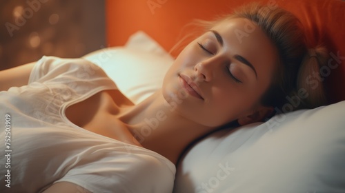 Sleepy warmth: a delightful picture of a young woman blissfully asleep under a vibrant, warming plaid.