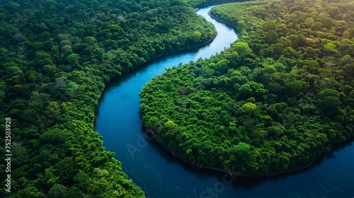 A birds-eye view of a winding river cutting through lush tropical landscapes