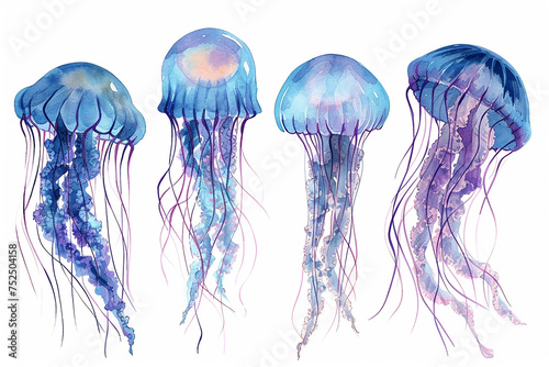 Set of colorful jellyfish swimming marine creatures watercolor vector Illustrations