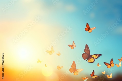 Butterflies against blue sky outdoor at sunset.