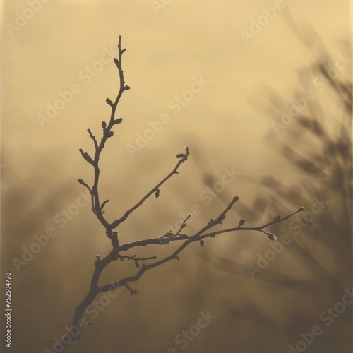  a tree branch with no leaves in front of a foggy  light - colored  and foggy sky.