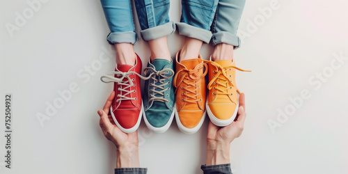 Two pairs of hands present a vibrant collection of red, green, and yellow sneakers on a white background. photo