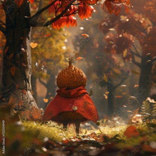  a little red riding on the back of a horse in a forest with lots of trees and leaves flying around.