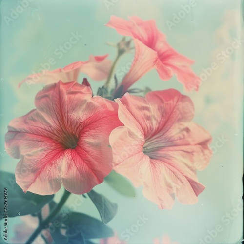  a close up of a pink flower on a blue and green background with a blurry image of the flowers.