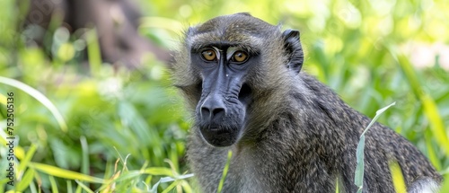  a close up of a monkey in a field of grass looking at the camera with a serious look on his face. photo